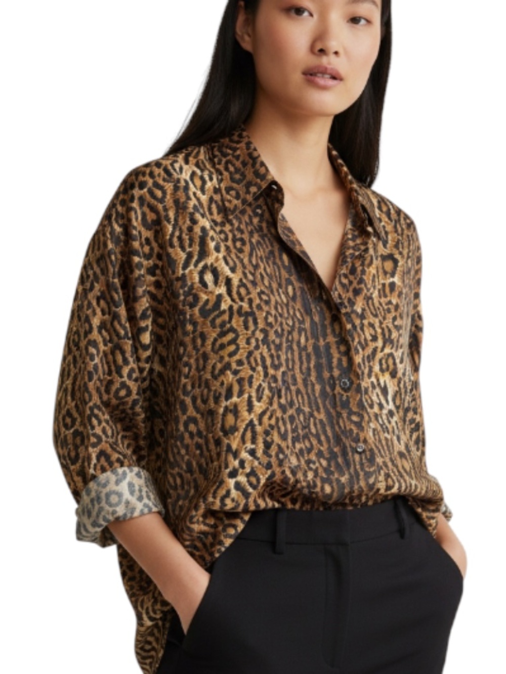 Y2K Compagnie Internationale Express Silk Leopard Print Button Front Blouse M